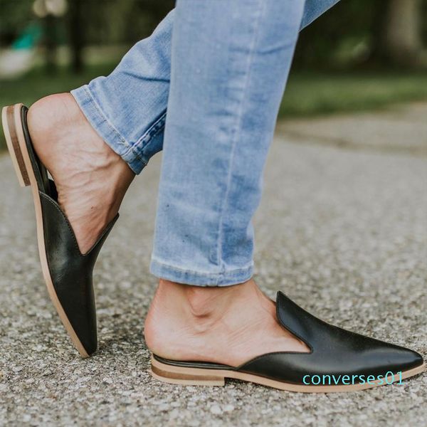 

size 34-41 ladies leather mules shoes women slippers summer flat slippers women shoes point toe outdoor slides zapatos de mujer cn01, Black