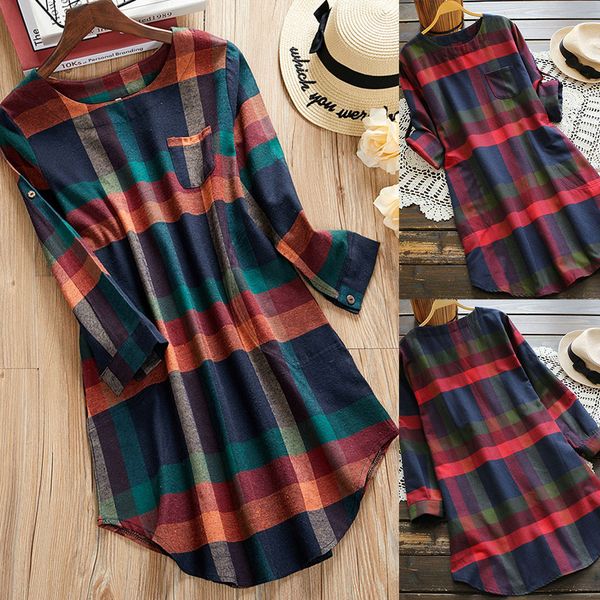 

dress 2019fashion women ladies plaid long sleeve loose pocket swing vintage dress for women clothes vestidos, Black;gray