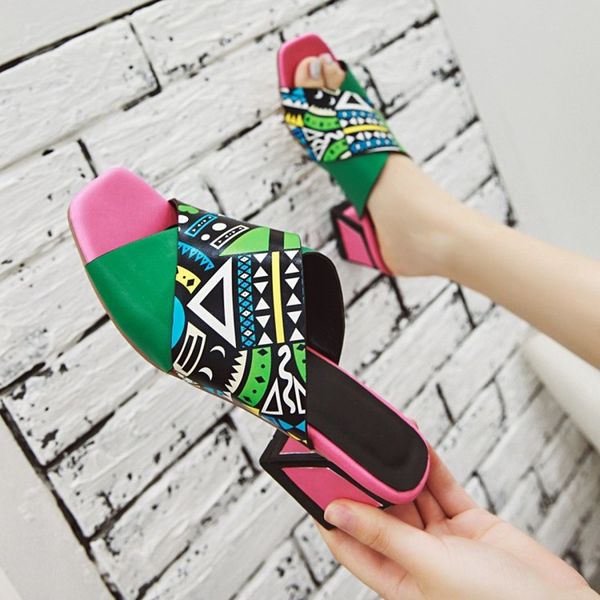 

us4-11 womens multi colors peep toe slipper printed casual summer sandals slingback block heel roman shoes plus size c480, Black