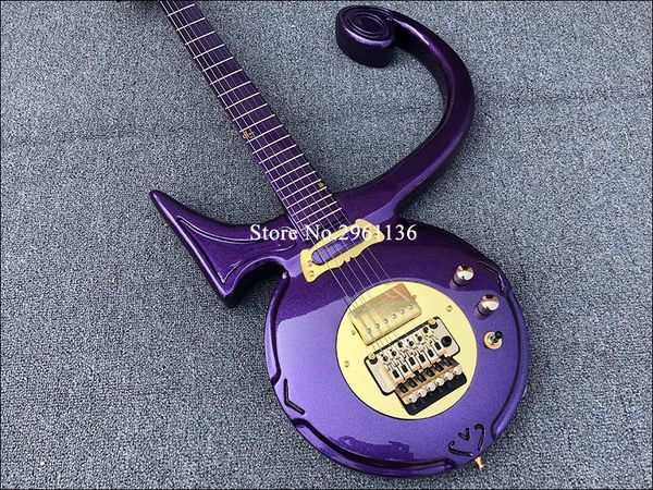 Pfeilförmige Gitarre, Metallic-Lila, Liebessymbol, E-Gitarre, Floyd Rose Tremolo-Brücke, violetter Einzel-Tonabnehmer, goldene Schlagbrett-Rückseite