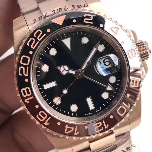 

new 2018 gmt series 126711chnr automatic mechanical movement 40mm sapphire mirror rose gold strap ceramic ring original folding, Slivery;brown