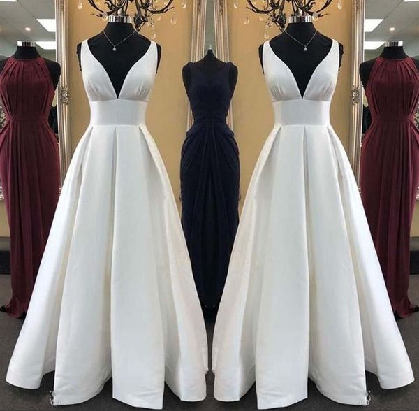 

empire waist simple a line wedding dresses deep v neck floor length satin bridal gown vestido de novia bc1575, White