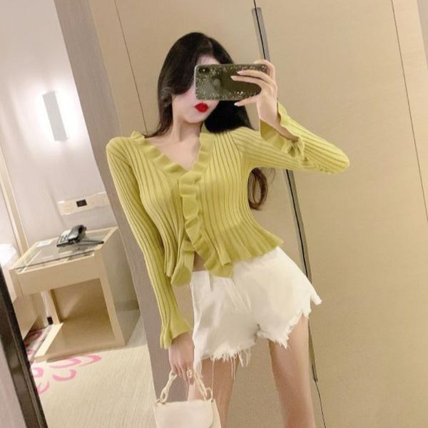 

women dresses design feeling wooden ear knitted sweater in early autumn 2020 new elegant v-neck long-sleeved slim slimming short shirt women, White