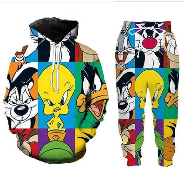 Novos desenhos animados looney tunes masculinos/femininos estampados 3D engraçados agasalhos de treino com gola redonda Hip Hop moletom e calça conjunto de 2 peças com capuz TZ012