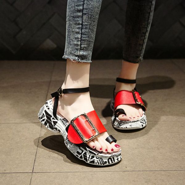 

sports sandals female ins tide korean version wild thick bottom increased retro casual 2020 new summer muffin women's shoes, Black