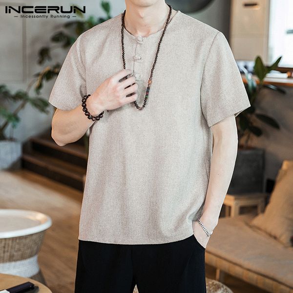 

incerun vintage men shirt solid color short sleeve 2019 button retro chinese style camisa streetwear brand casual shirts s-3xl, White;black