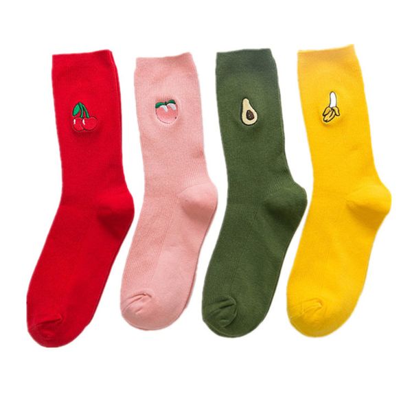 

women size crew socks long rib knitting soft embroidery avocado banana peach knee foot pregnant women socks calf crus shank, White
