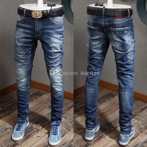 

men red logo patch destroyed jeans slim biker fit colorful painted stitching detail denim pants cool guy, Blue