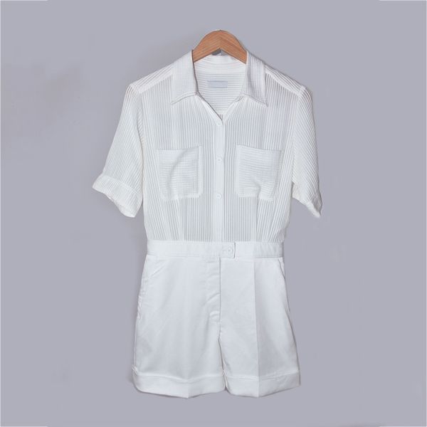 

2019 spring summer striped print short sleeves turn-down collar cotton panelled mini shorts women fashion jumpsuits & rompers a2714, Black;white