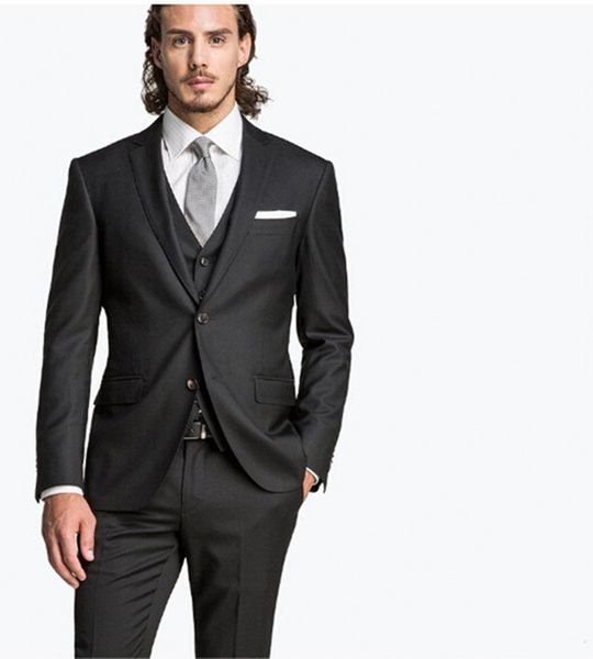 Classic Design Charcoal Grey Groom Tuxedos Notch Lapel Two Button Groomsmen Mens Wedding Dress Excellent Man Suits(Jacket+Pants+Vest+Tie)371