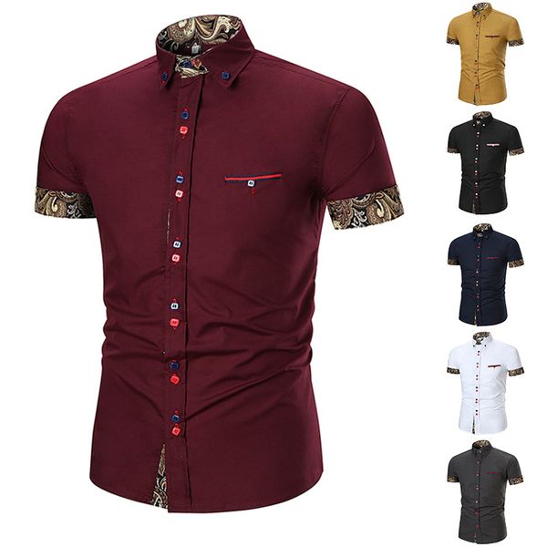 

men's slim fit flower printed shirts male short sleeve floral shirt men basic casual plus size shirts pure color, White;black