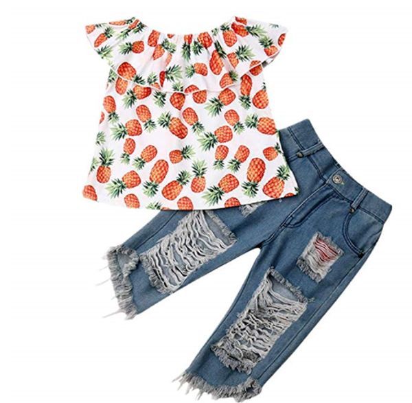 

2pcs toddler baby girl clothes set summer outfit one shoulder t-shirt +frayed hem ripped denim shorts clothes set, White