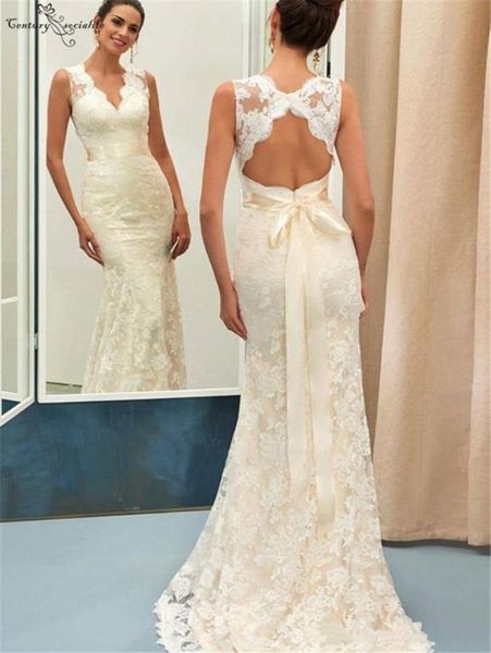 

setwell summer v-neck mermaid wedding dresses sleeveless lace appliques backless bridal gowns with belt, White