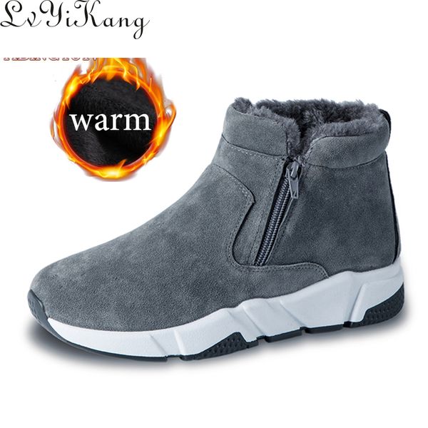 

winter cow suede men snow fashion sneakers man leather snow boots shoes high cut two zipper male fur plush warm shoes booties, Black