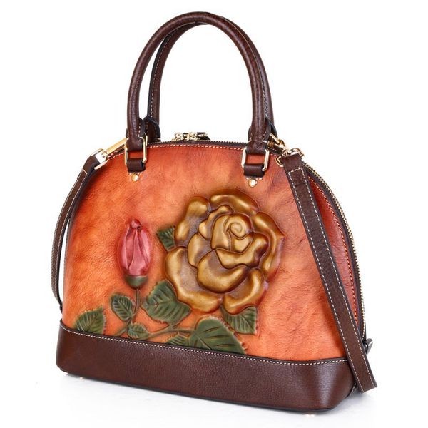 

2020new chinese-style layer cowhide bag rose embossed vintage leather women's hand-painted hand-held shell bag