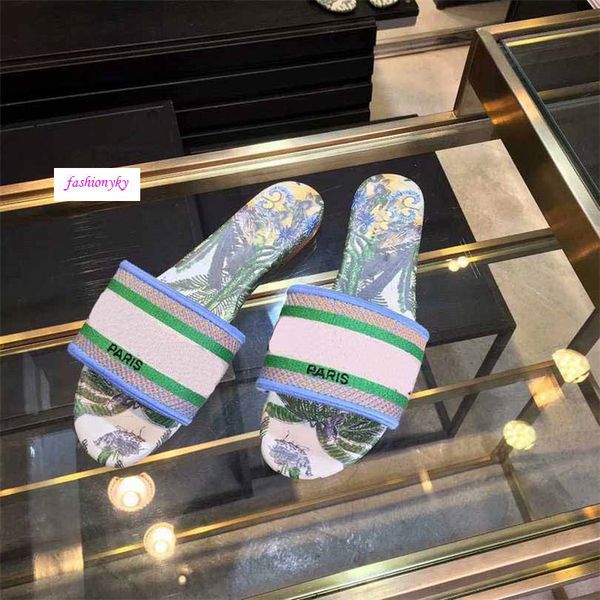 

high-quality women slippers brand sandals flat designer shoes slide dazzle flowers embroidery sandal floral striped beach flip flops, Black
