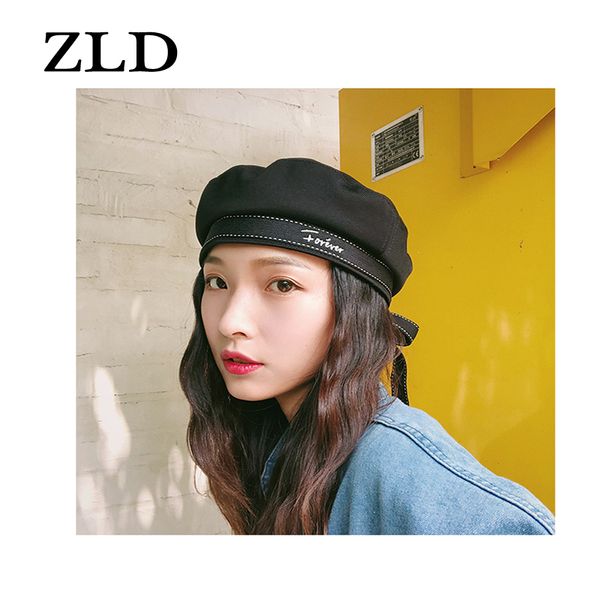 

zld autumn woman fashion british style hat ribbon bow beret cotton letter embroidery british hat vintage navy cap beret femme, Blue;gray