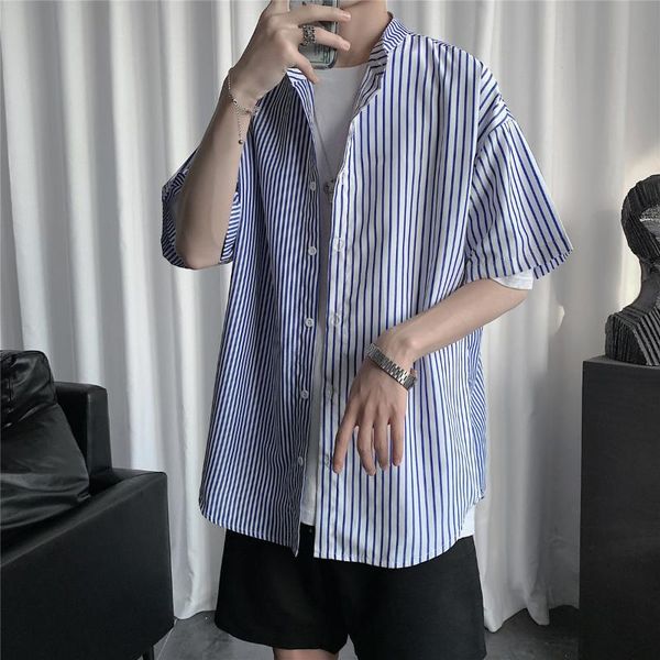 

2020 summer men's stripe printing splicing color shirt loose casual cotton clothes shirt blue/black color camisa masculina -5xl, White;black