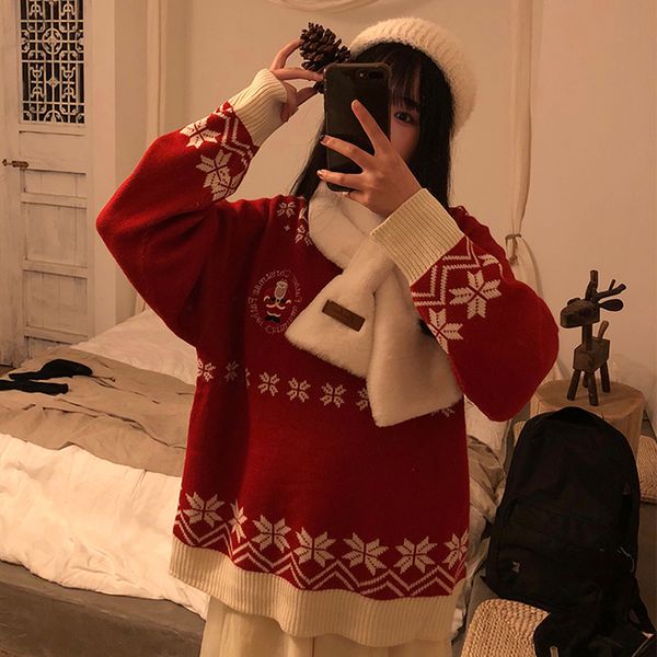 

winter new retro christmas snowflake red women sweaters loose harajuku wind net red thickening female pullover thick sweaters, White;black
