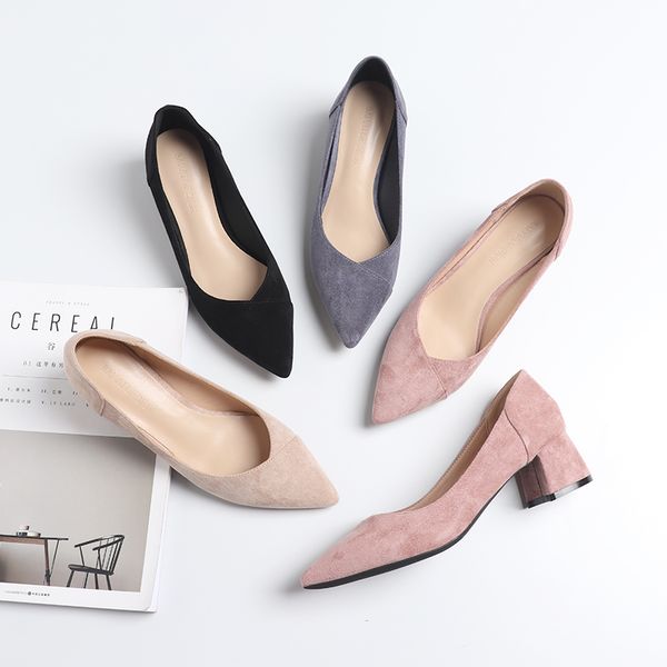 

new shoes woman 2019 spring slip on square high heels shoes ladies flock solid point toe casual heels female sandals women pumps, Black