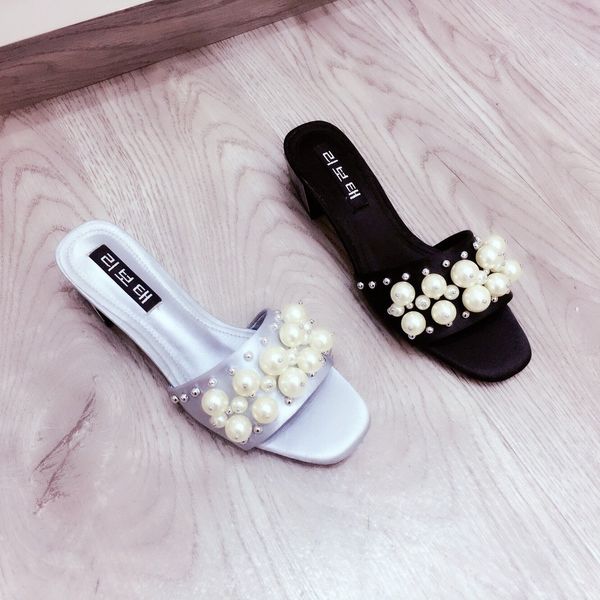 

сезон меняется сладкий жемчуг горный хрусталь средние тапочки толстый каблук пляж открытый носок атласная цельная швабра, Black