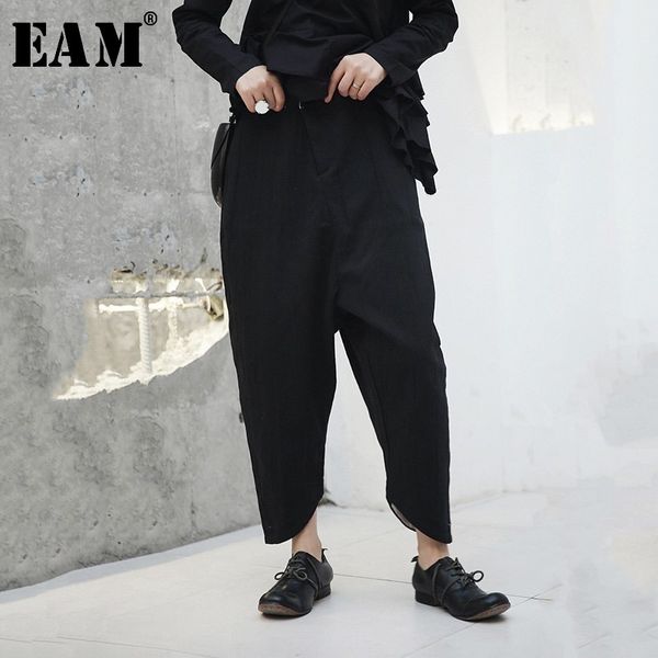 

eam] 2019 новой весна высокая талия черного fold плиссе сыпучих нерегулярные шаровары женщин брюки мода tide jh423, Black;white