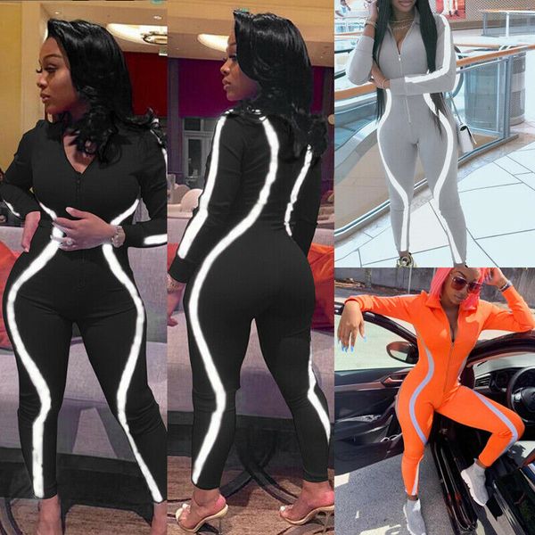 

new womens jumpsuit zipper print long sleeve zip bodycon jumpsuit black grey orange romper cocktail playsuit long pants, Black;white