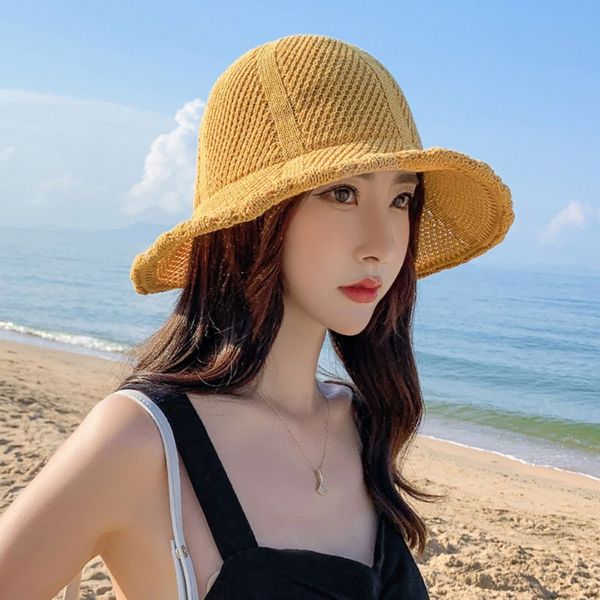 

women summer weave straw sun visor beach hat macaron candy color wavy wide brim uv protection foldable fisherman cap, Blue;gray