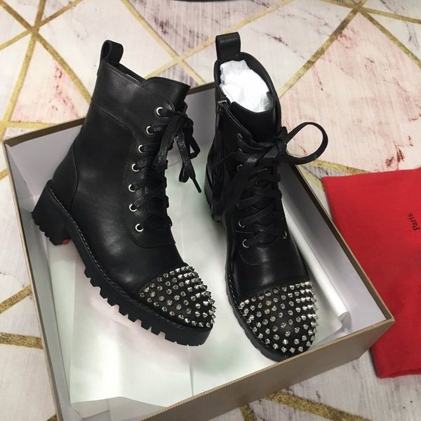 

women martin boots calfskin leather buckled strap at the calf spikes rivet boot lace up ankle bottes booties australie bottines 2, Black