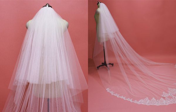 2020 véus de casamento frisado borda appliqued feitos sob encomenda feitos longos véu nupcial Dois camada tule capela comprimento Vestidos de cabeça de venda quente
