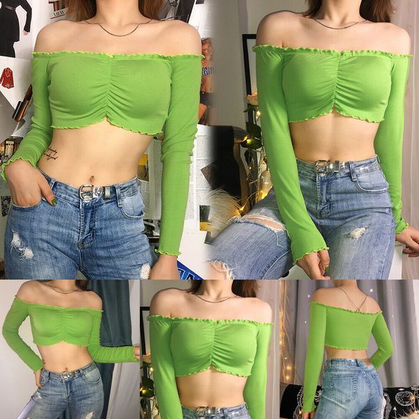 

fashion women's off shoulder long sleeve clubwear 2019 new summer crop skinny ruched green casual tee tank, White