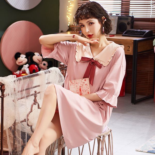 

women's sleepwear summer girl's nightdress female sleepshirt plus size nightgown cotton print sleepshirts one-piece dress loose cl, Black;red