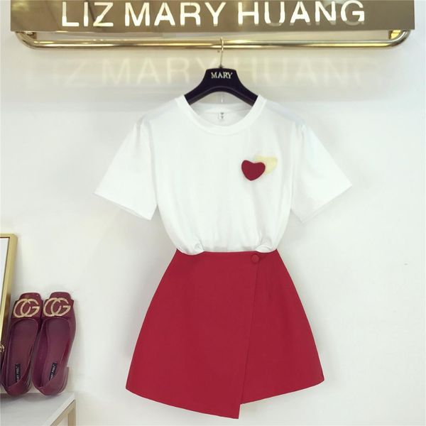 

2019 new summer fashion women's sets solid white short sleeve t-shirts + short a-line red culottes students skirts suist
