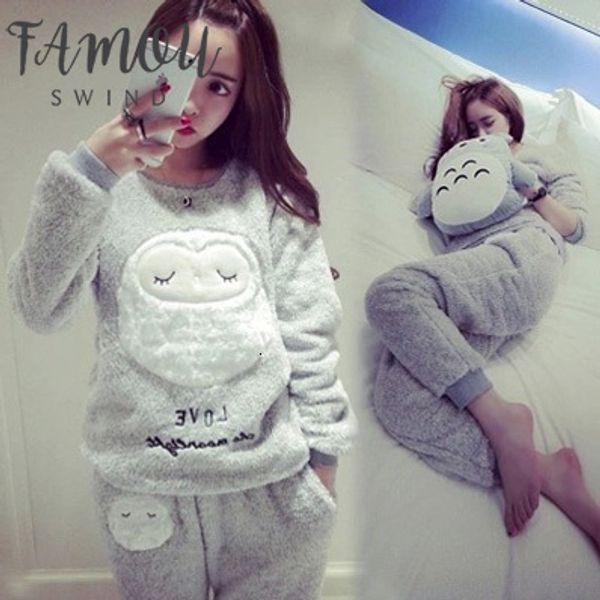 

thick women flannel warm female winter pajama set long sleeve full trousers pajamas two piece traditional animal cartoon owl, Black;red