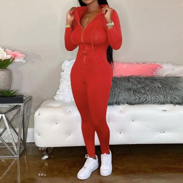 

women's pure color zipper sportswear ladies long leeves v collar leisure time jumpsuits ropa deportiva para mujer #ss, White;black