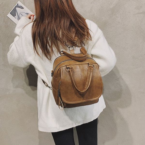 

women's bag new korean retro women's backpack leisure travel bag fashion handbag with all kinds of solid color pu leather