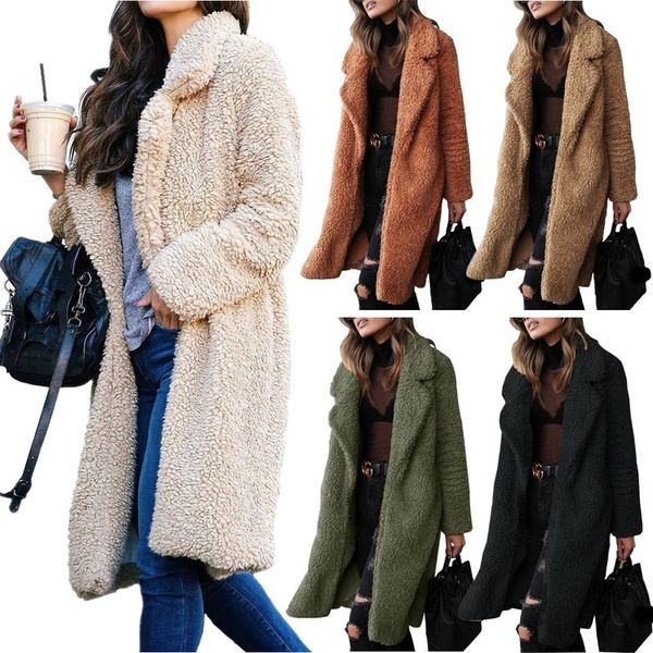 

wool blends women jackets warm office lady long cozy teddy coats fleece autumn winter streetwear fuzzy cardigan overcoats -85, Black