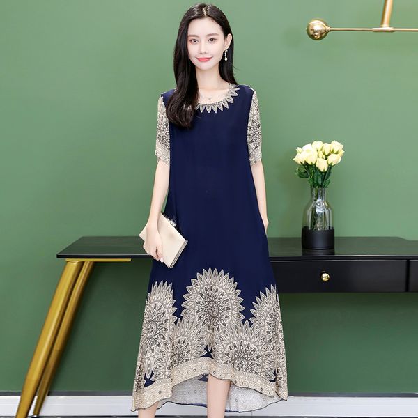 

casual dresses plus size women long dress elegant 2021 summer clothes for loose ankle-length vintage print party, Black;gray
