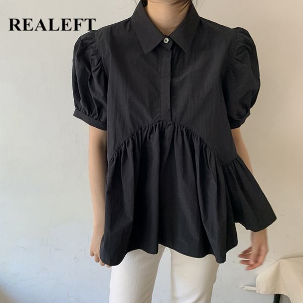 

realeft summer new 2020 elegant women's blouse chic puff sleeve turn-down collar casual loose shirts female black white