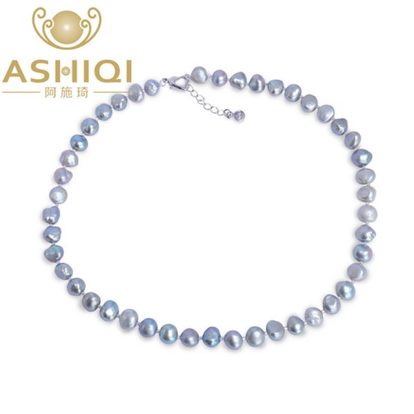 

ashiqi real baroque pearl necklace 9-10mm beads natural freshwater pearl jewelry for women gift, Silver