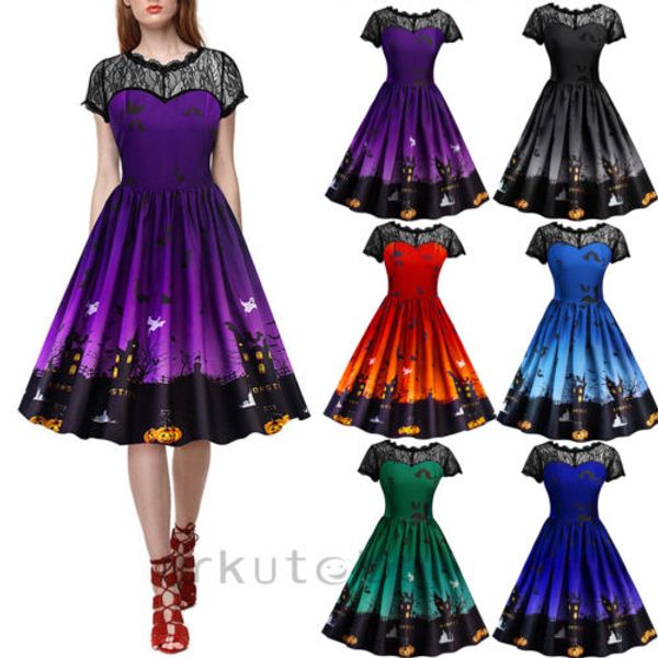 

2018 new halloween party dress women short sleeve halloween lace vintage dress a line pumpkin swing lady party, Black;gray