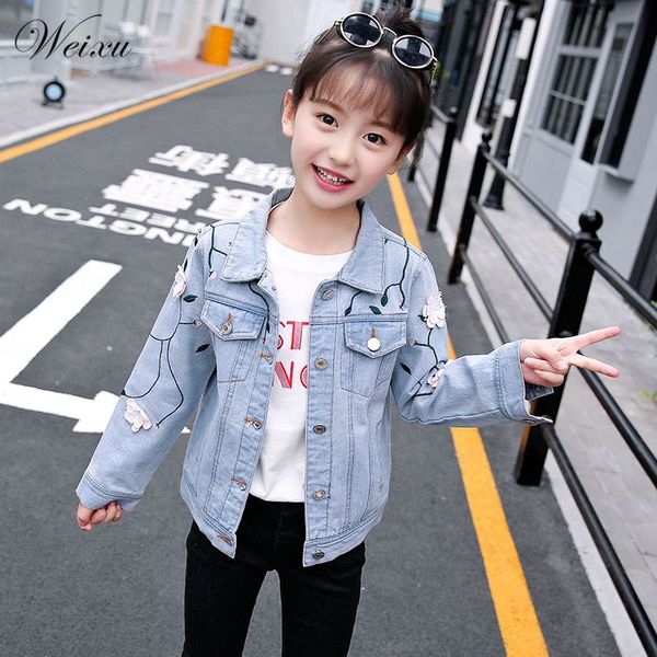 

girl jeans jacket spring children flower embroidery blue denim coat teenage kids fall outerwear clothes for girls 6 8 10 years, Blue;gray