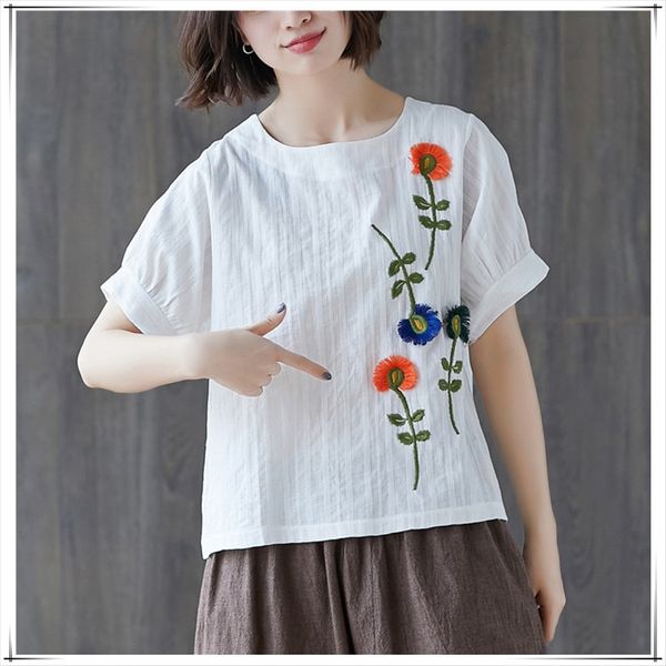 

3293 xia wenyi hipster ethnic group embroidery nationality cotton linen embroidery ethnic style large size casual loose t-shirt female, White