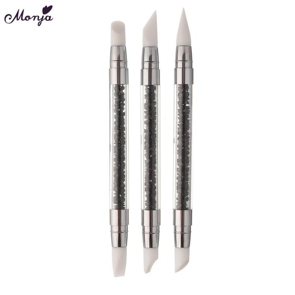 

monja 3pcs/set dual end nail art silicone uv gel diy carving sculpture emboss dotting picking pen cuticle remove manicure tool, Yellow