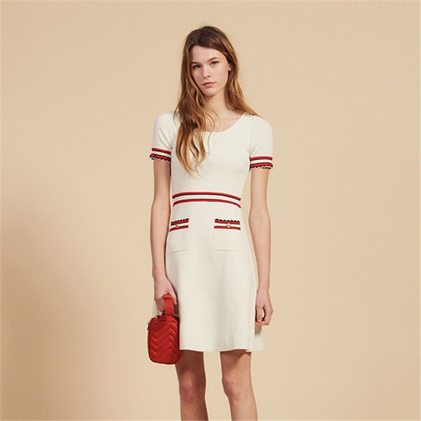 

2020 spring and summer designer women's soft beige short-sleeved knit dress slim temperament skirt spring dress fathion, White