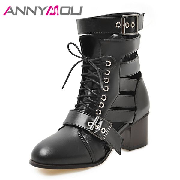 

annymoli women shoes summer boots buckle block high heel motorcycle boots cutout lace up female shoes new spring plus size 34-43, Black
