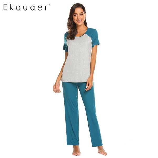 

ekouaer women home clothes pajamas o-neck contrast color short sleeve long pants maternity pajama set sleepwear, Blue;gray