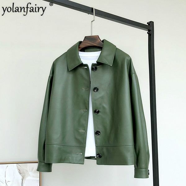 

women's leather & faux genuine jacket 2021 korean spring autumn sheepskin coat short casual real jackets cuero genuino 921 kj, Black