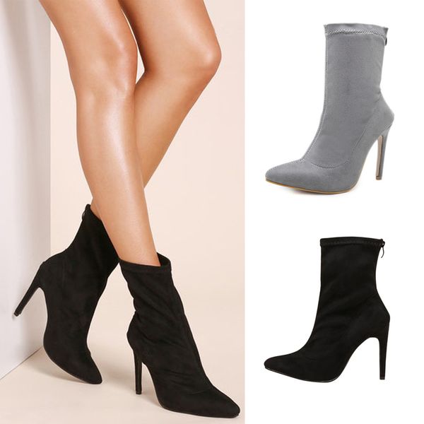 

women faux suede stiletto heels zip boots ladies pointed toe party boots mid calf high heels winter thin heeled botas d20, Black