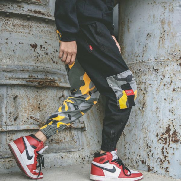 

zk camo cargo мужские брюки мути карманы брюк хип-хоп повседневная уличная одежда камуфляж co брюки свободные трикотажные беговые лоскутные, Black